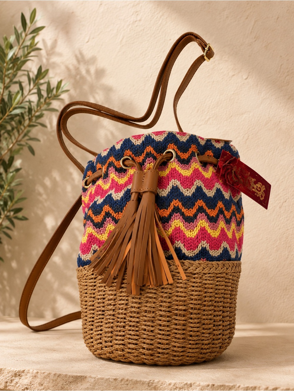 Woven Chevron Multicolor Bucket Crossbody Bag - Brown Strap